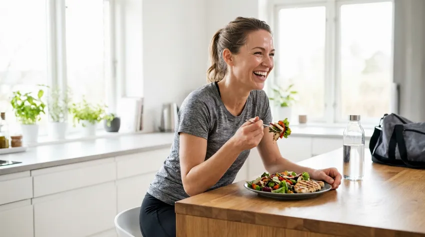Športnica uživa zdrav obrok s piščancem po vadbi v svetli kuhinji