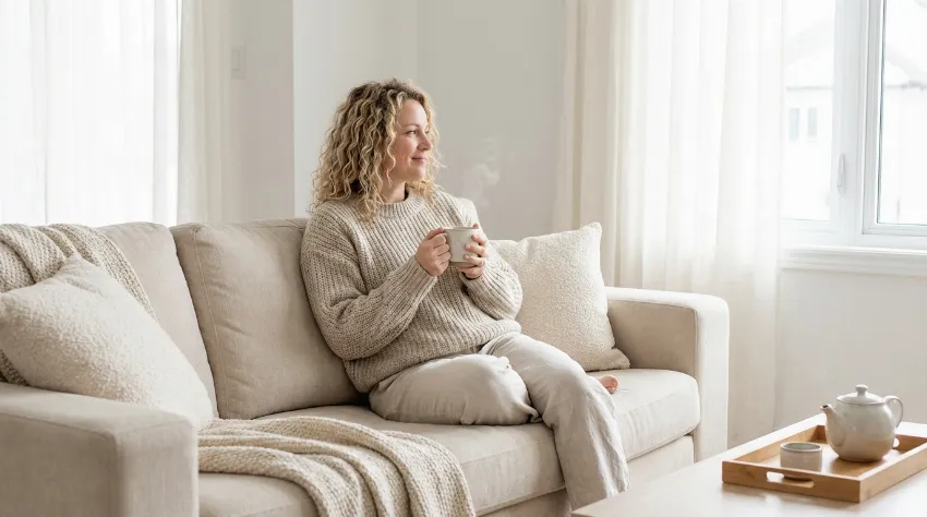 Sproščena oseba pije čaj v svetlem prostoru po terapiji