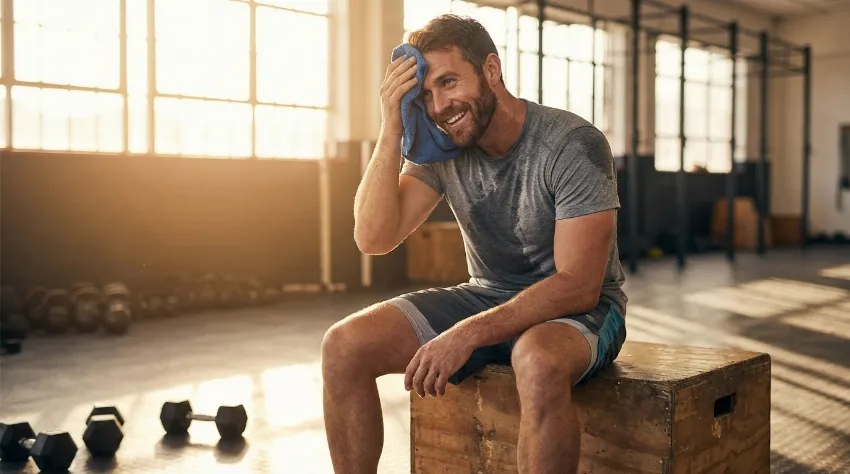 Zadovoljen rekreativec počiva po uspešnem treningu v fitnesu