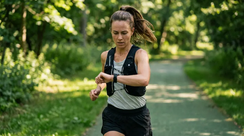 Tekačica preverja srčni utrip na pametni uri