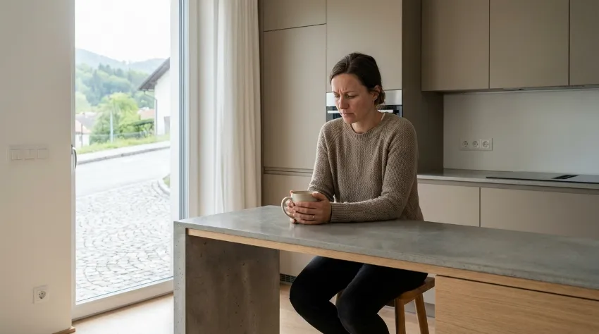 Ženska v moderni kuhinji razmišlja o svojem napredku pri hujšanju.