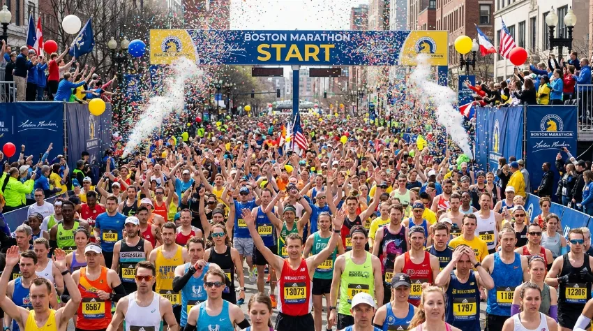 Množica tekačev na štartu maratona polna energije.