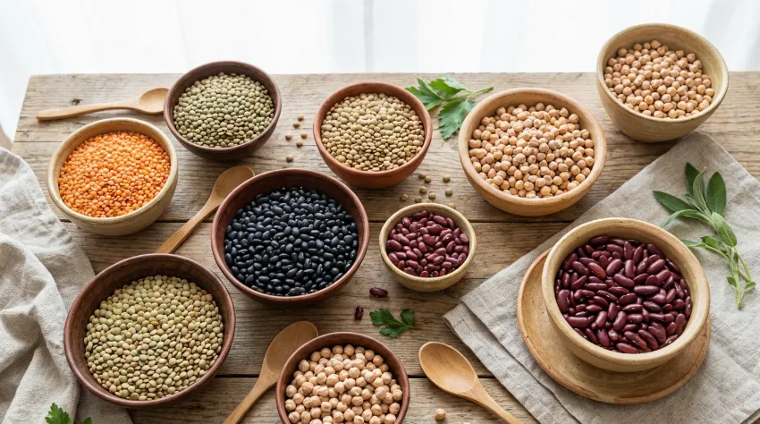 Različne stročnice v skledah, bogate z vlakninami