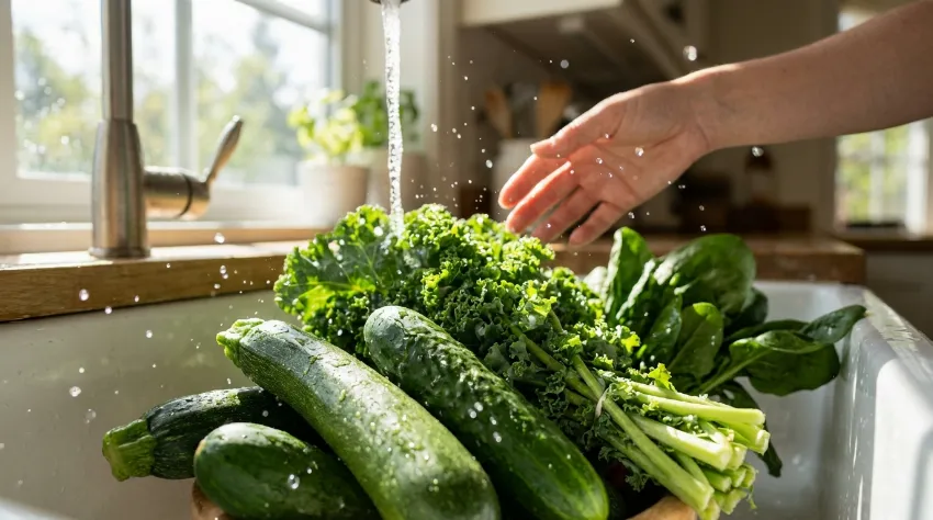 Sveže bučke, kumare in zelena solata oprane pod vodo