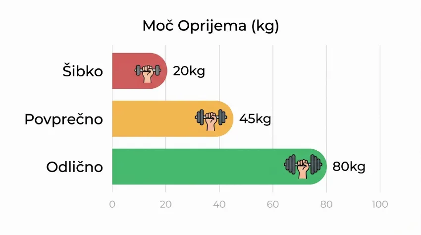 Grafikon prikazuje kategorije moči oprijema: šibko, povprečno in odlično