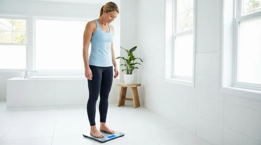 Ženska stoji na osebni tehtnici v kopalnici