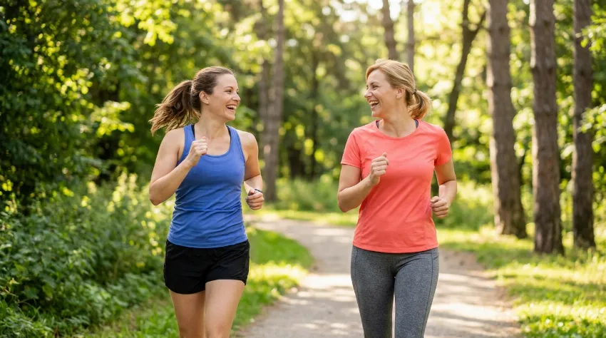 Dve tekačici med lahkotnim pogovornim tekom v parku
