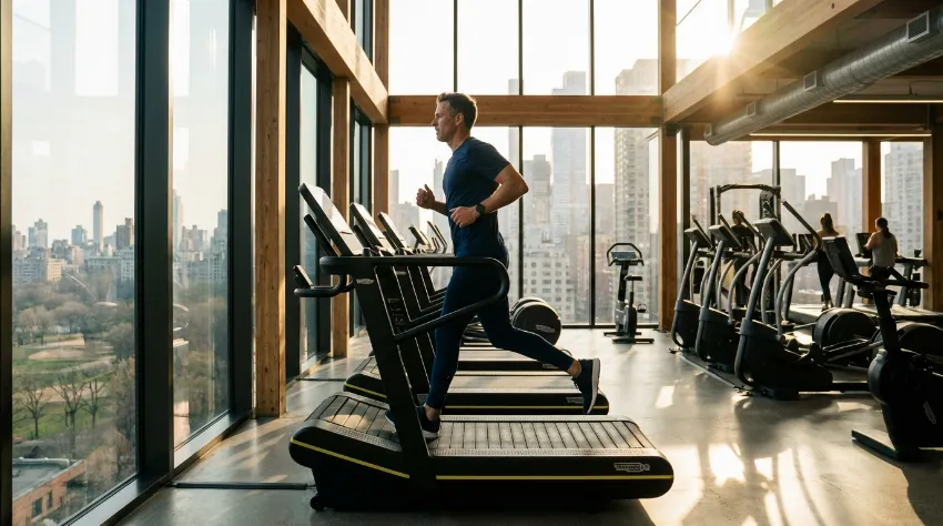 Moški teče na tekalni stezi v modernem fitnesu