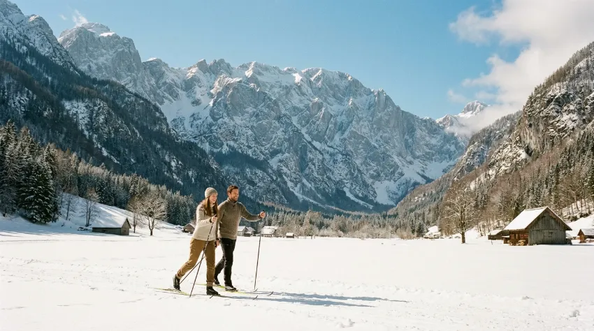 Par uživa v teku na smučeh v slikoviti alpski dolini