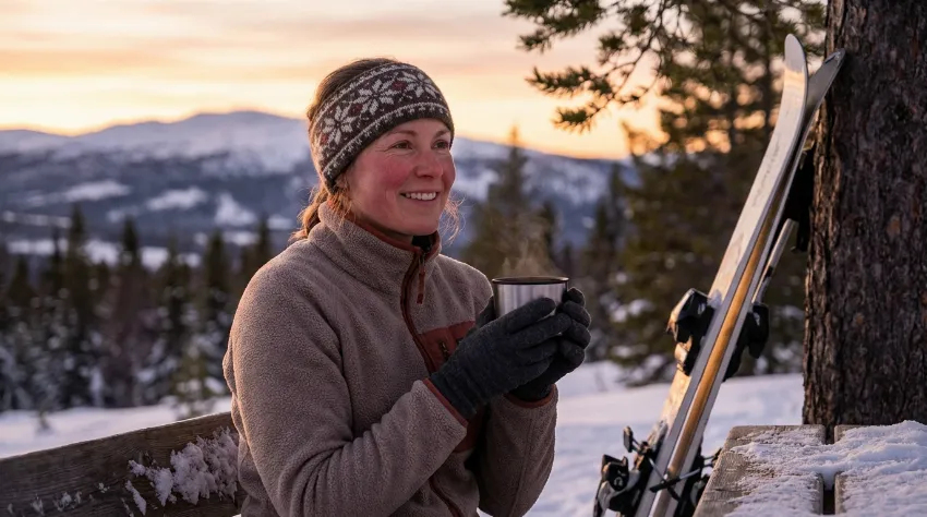 Smučarska tekačica pije čaj po vadbi