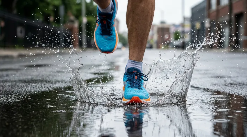 Tekaški copati pljuskajo skozi lužo na asfaltu