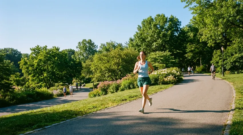 Tekačica teče v rahel klanec po urejeni poti