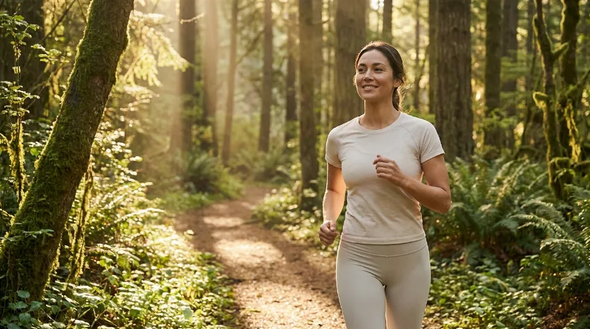 Tekačica lahkotno teče po gozdni poti v sončnem vremenu