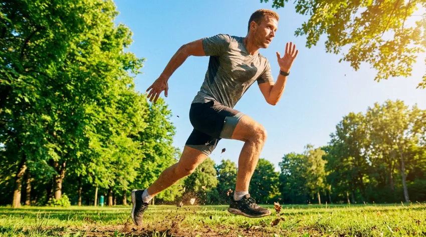 Moški teče v naravi na sončen dan