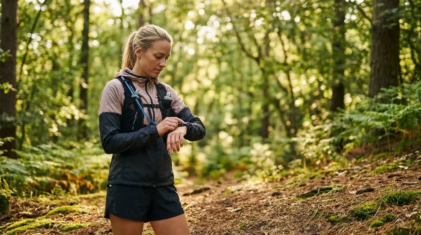 Tekačica v naravi preverja podatke na svoji pametni uri