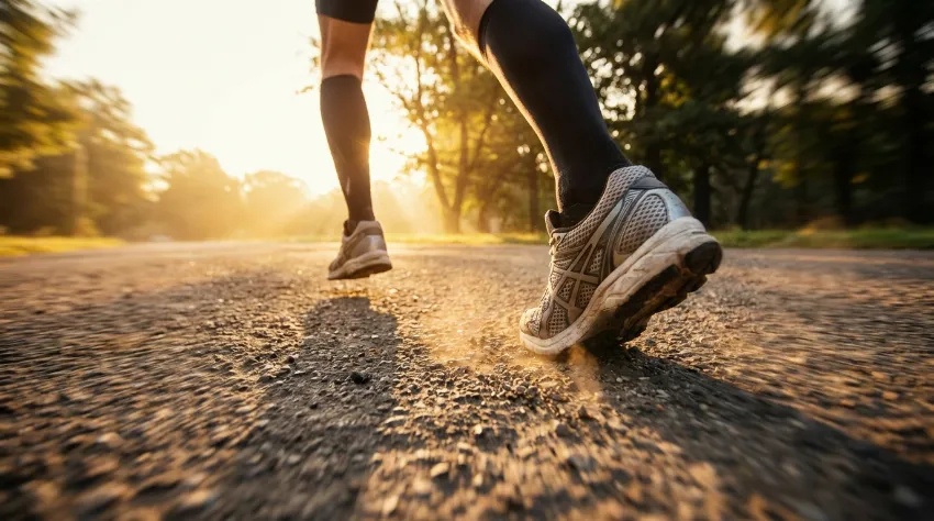 Tekaške superge na asfaltu med jutranjim tekom