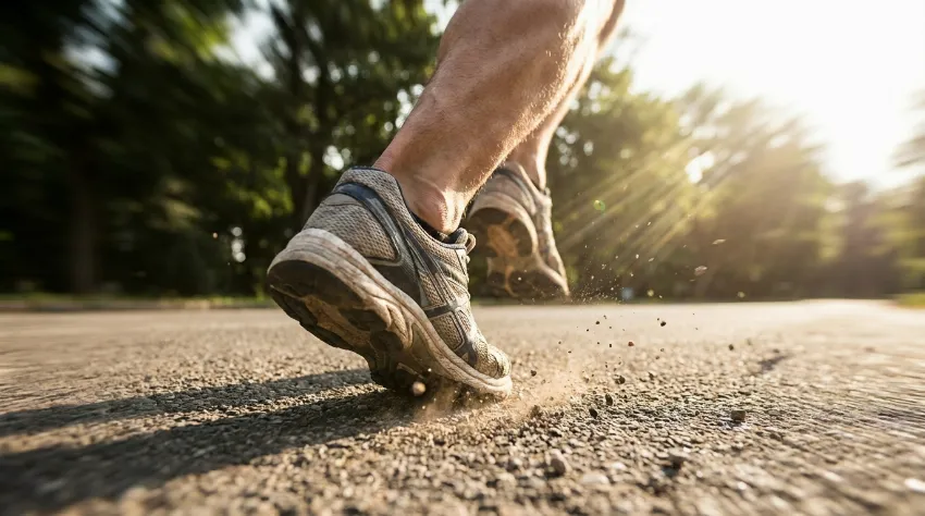 Tekaški copati ob stiku s tlemi na asfaltu