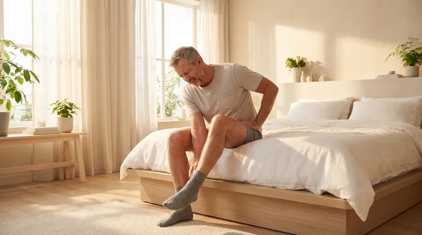 Moški sedi na postelji in si s težavo obuva nogavico zaradi trdega kolka