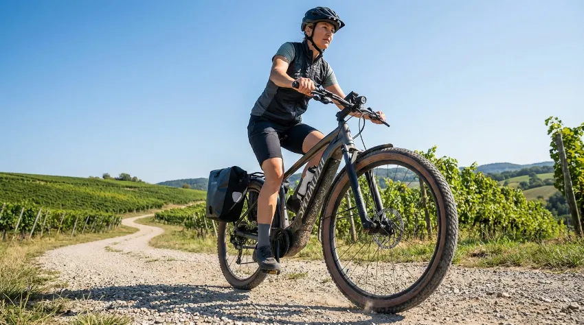 Ženska na treking električnem kolesu med vinogradi
