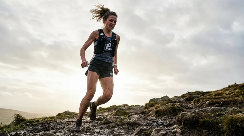 Tekačica med napornim tekom v klanec za povečanje vzdržljivosti.