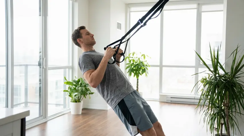 Moški izvaja vajo veslanja na TRX trakovih v stanovanju