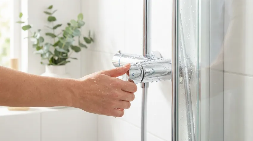 Roka odpira mrzlo vodo pod tušem v moderni kopalnici