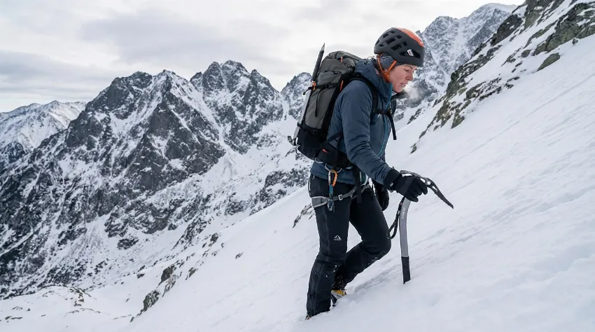 Planinka preči snežno pobočje z uporabo cepina v roki za varnost.