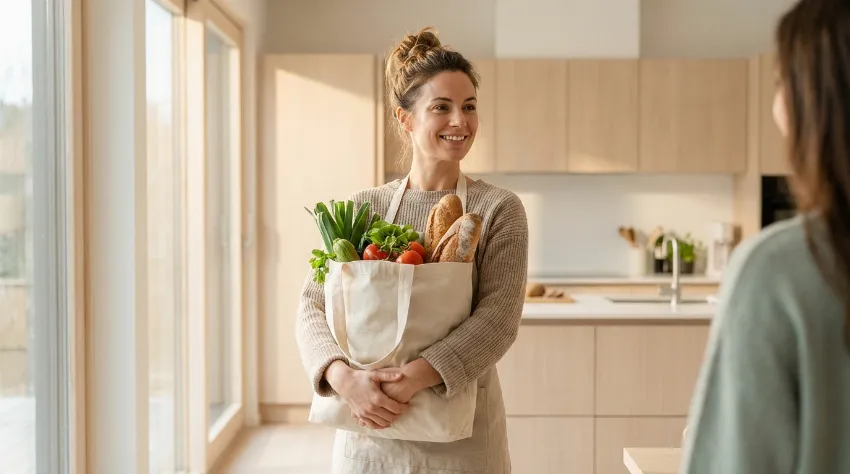 Ženska pravilno dviguje vrečko z ravno hrbtenico