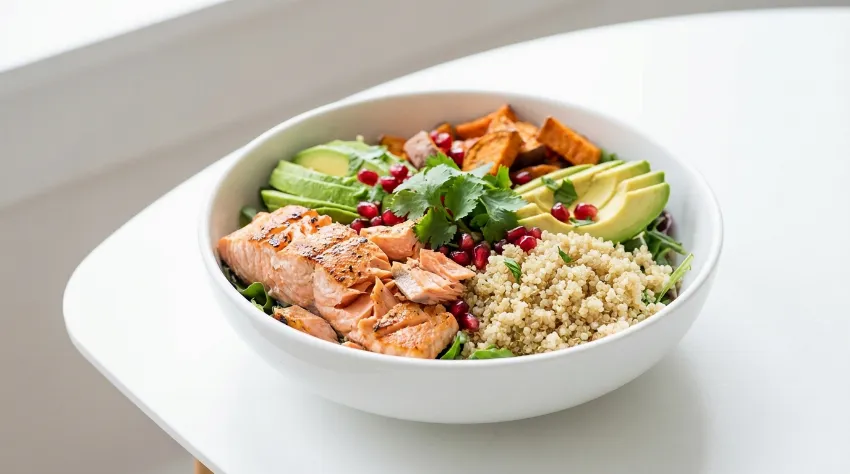 Zdrav krožnik z lososom in zelenjavo