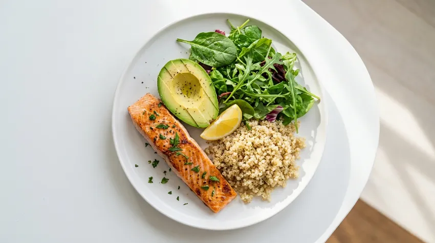 Zdrav krožnik z lososom, avokadom in zelenjavo