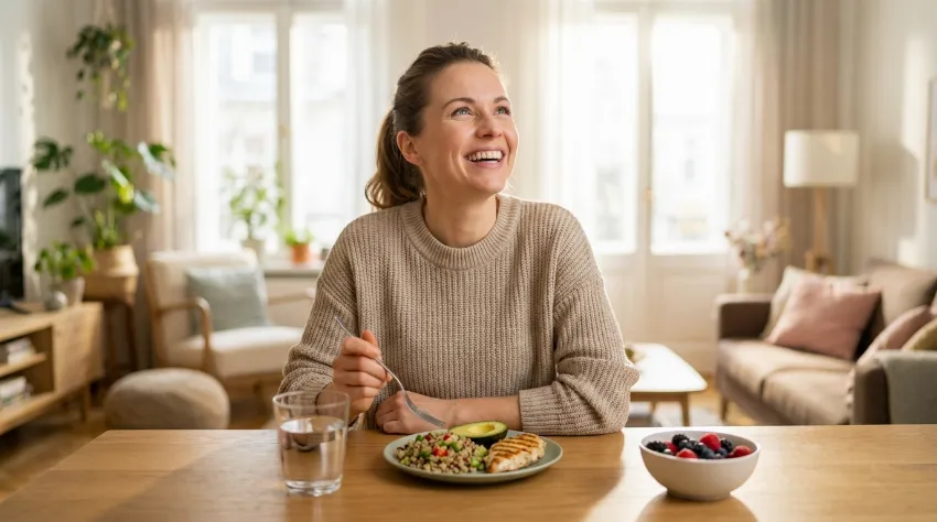 Srečna ženska uživa v zdravem obroku v svetlem prostoru