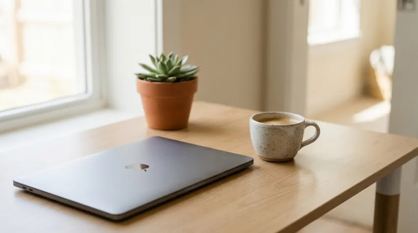 Urejeno delovno okolje z računalnikom in kavo