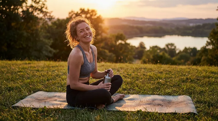 Sproščena ženska po vadbi v naravi