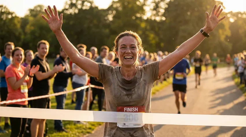 Srečen tekač v cilju maratona proslavlja uspeh