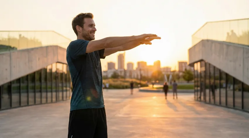 Zadovoljen tekač se razteguje po uspešnem treningu ob sončnem zahodu