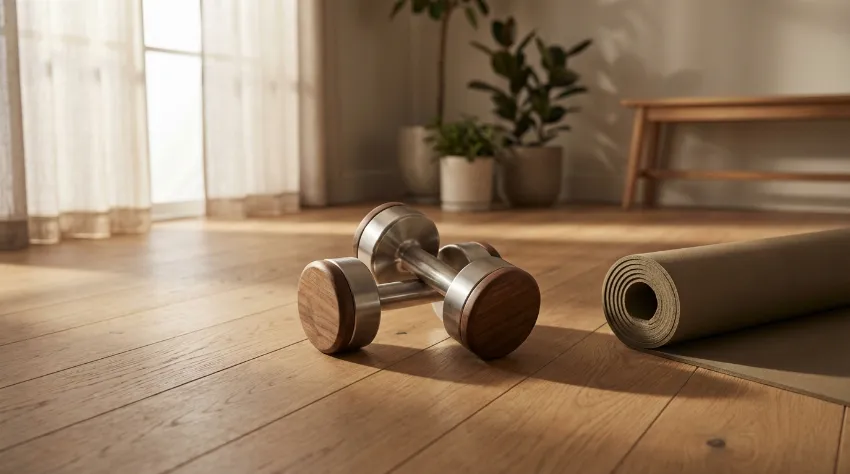 Uteži na tleh v domačem fitnes kotičku