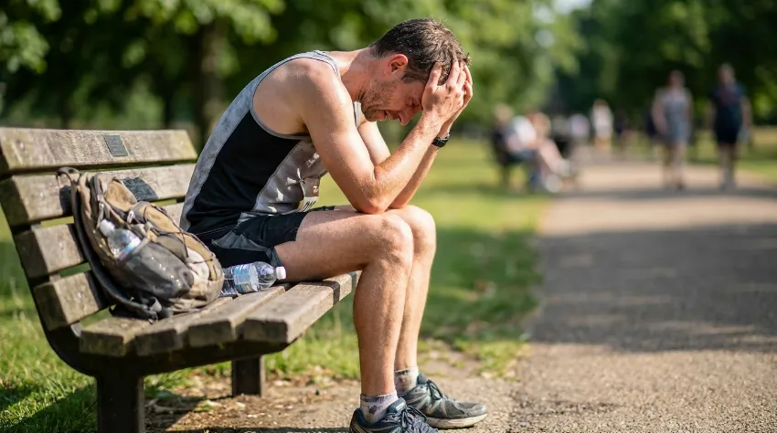 Izčrpan tekač sedi na klopi in se drži za glavo
