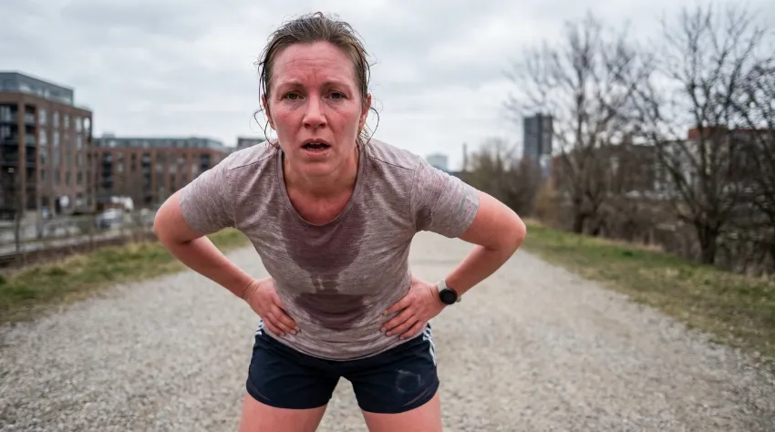 Utrujena tekačica z rokami na bokih počiva po napornem teku