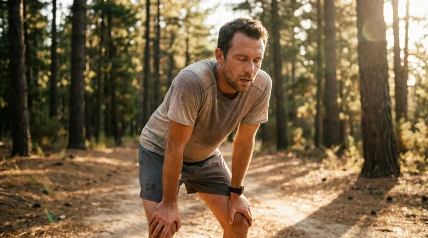Utrujen tekač počiva z rokami na kolenih med tekom v naravi