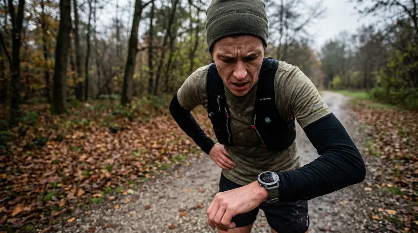 Utrujen tekač gleda na uro med napornim treningom