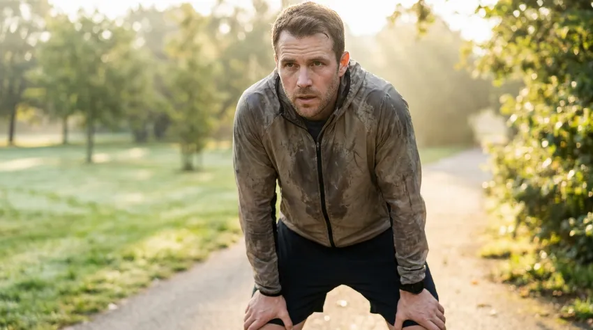 Utrujen tekač počiva po napornem treningu v parku