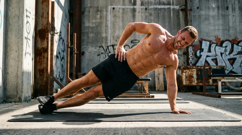 Moški izvaja vajo bočni plank za krepitev kolčnih stabilizatorjev