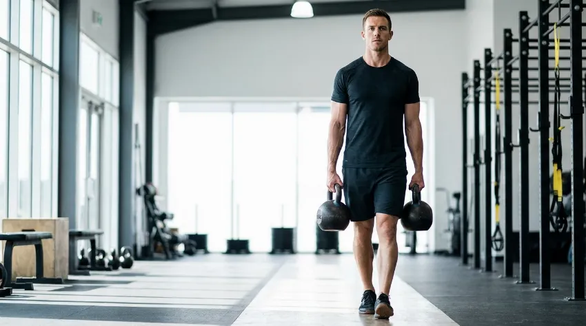Moški izvaja vajo nošenja uteži oziroma farmer\'s carry v svetlem fitnesu