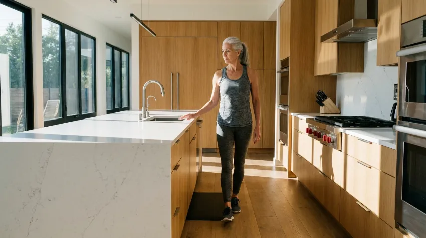 Ženska izvaja vajo hoja po vrvi ob kuhinjskem pultu