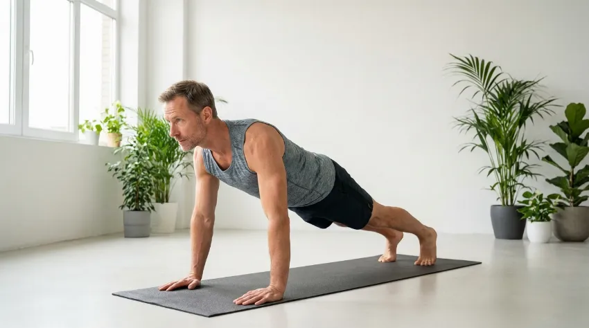 Moški izvaja vajo plank na blazini doma