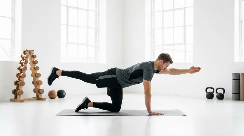Moški pravilno izvaja vajo ptičar za krepitev trupa