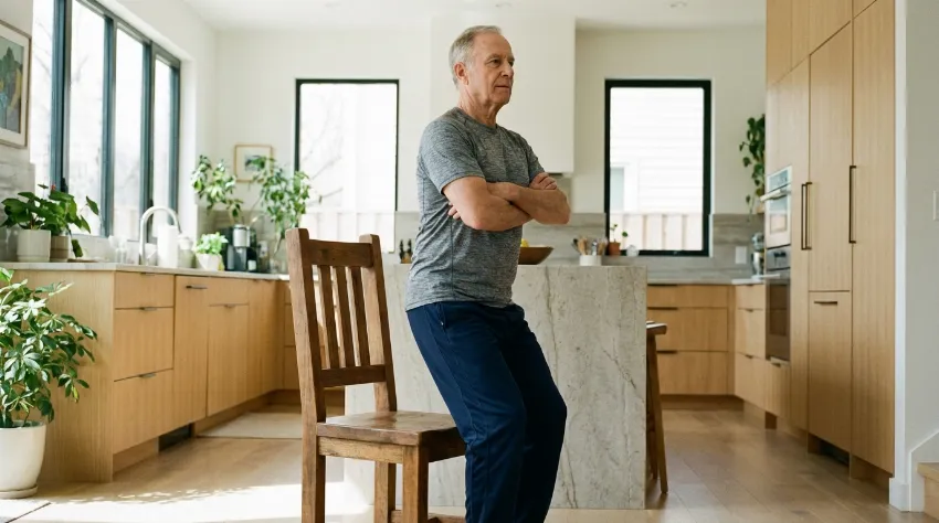 Starejši moški izvaja vajo vstajanja s stola s prekrižanimi rokami