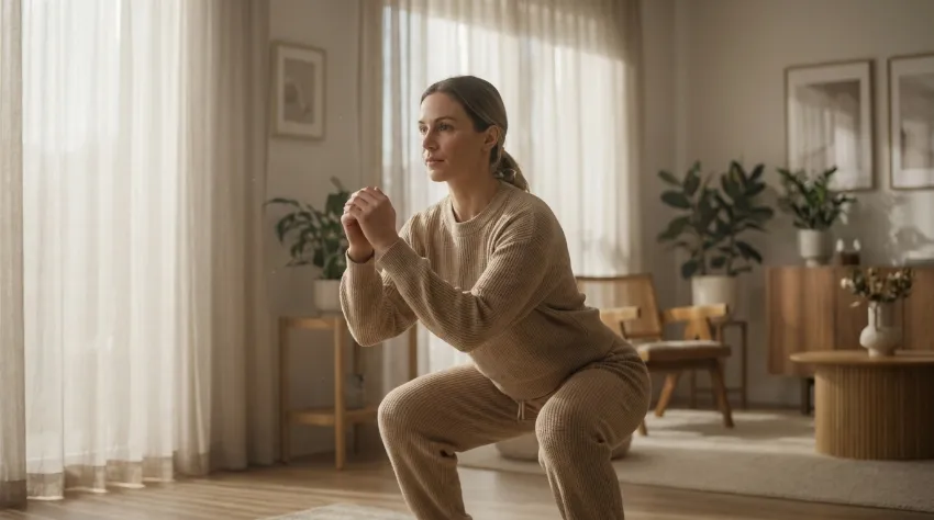 Ženska izvaja vaje za moč v dnevni sobi