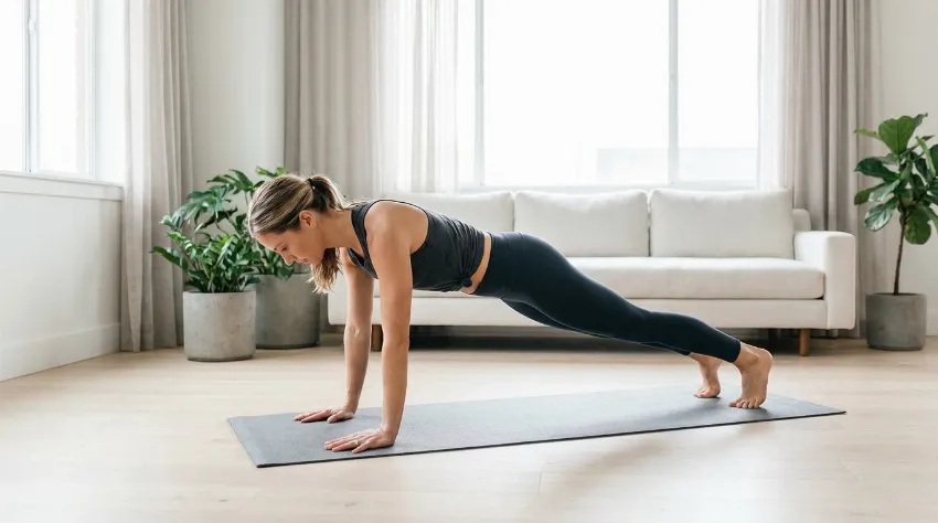 Ženska izvaja vajo plank na blazini za krepitev trupa