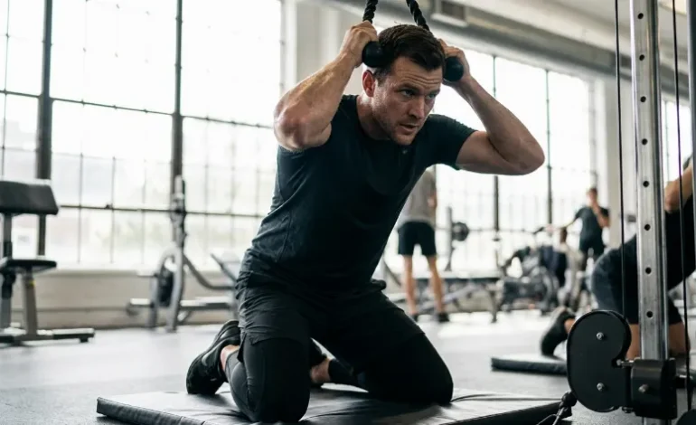 Moški izvaja vaje za trebuh na fitnes napravi z zajlo